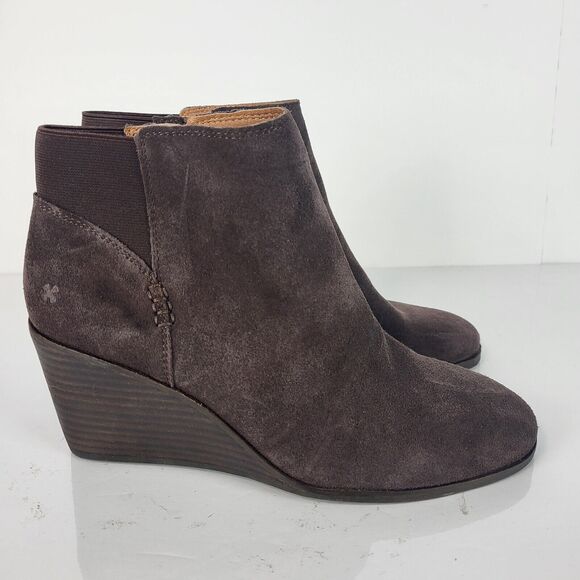 Lucky Brand Zorlina Ankle Boots Wedge Heel Zip Up chocolate Suede - Picture 4 of 11